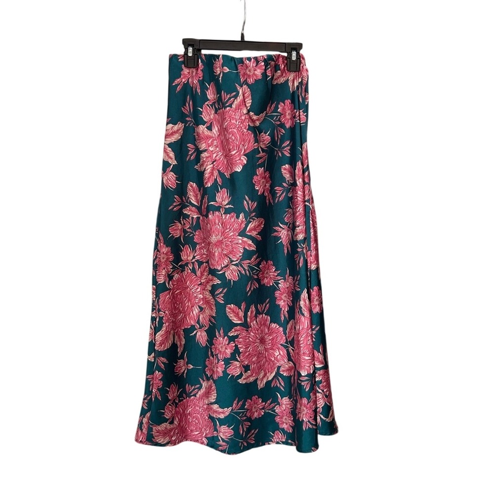 Abel The Label Womens Teal Pink Floral Satin Maxi Skirt Size L Long Flowy Boho